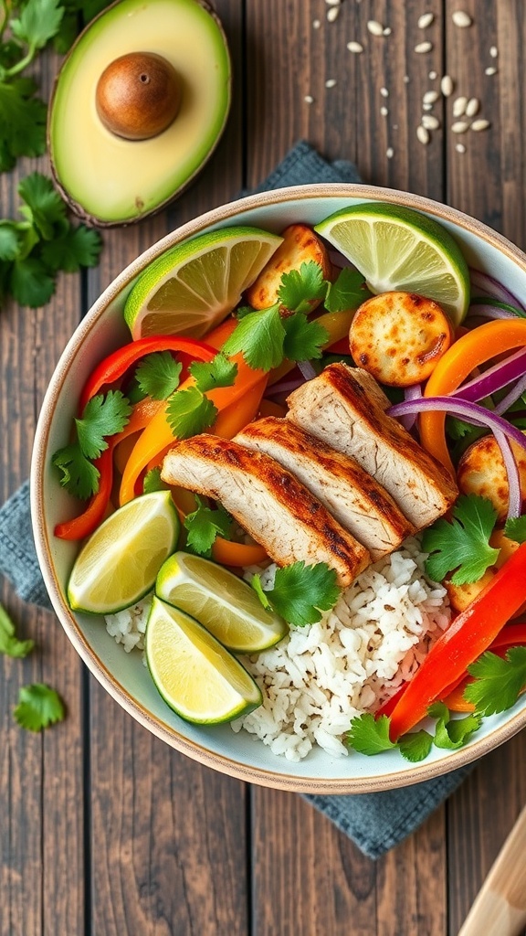 A colorful chicken bowl with grilled chicken, vegetables, rice, avocado, and lime on a rustic table.